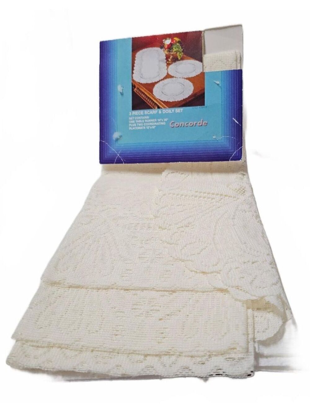 Concorde 3 Piece Scarf & Doily Set - 100% Polyester, Cream Color - NOS - Poland